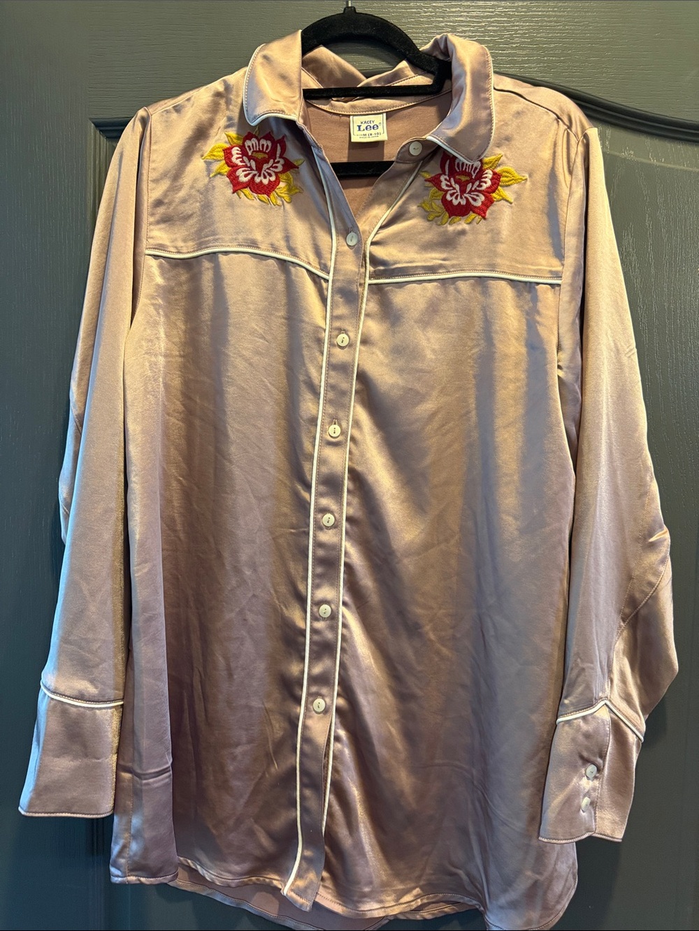 Lee Satin Blush Button-Down Shirt with Floral Embroidery
